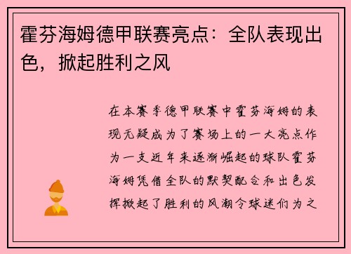 霍芬海姆德甲联赛亮点：全队表现出色，掀起胜利之风